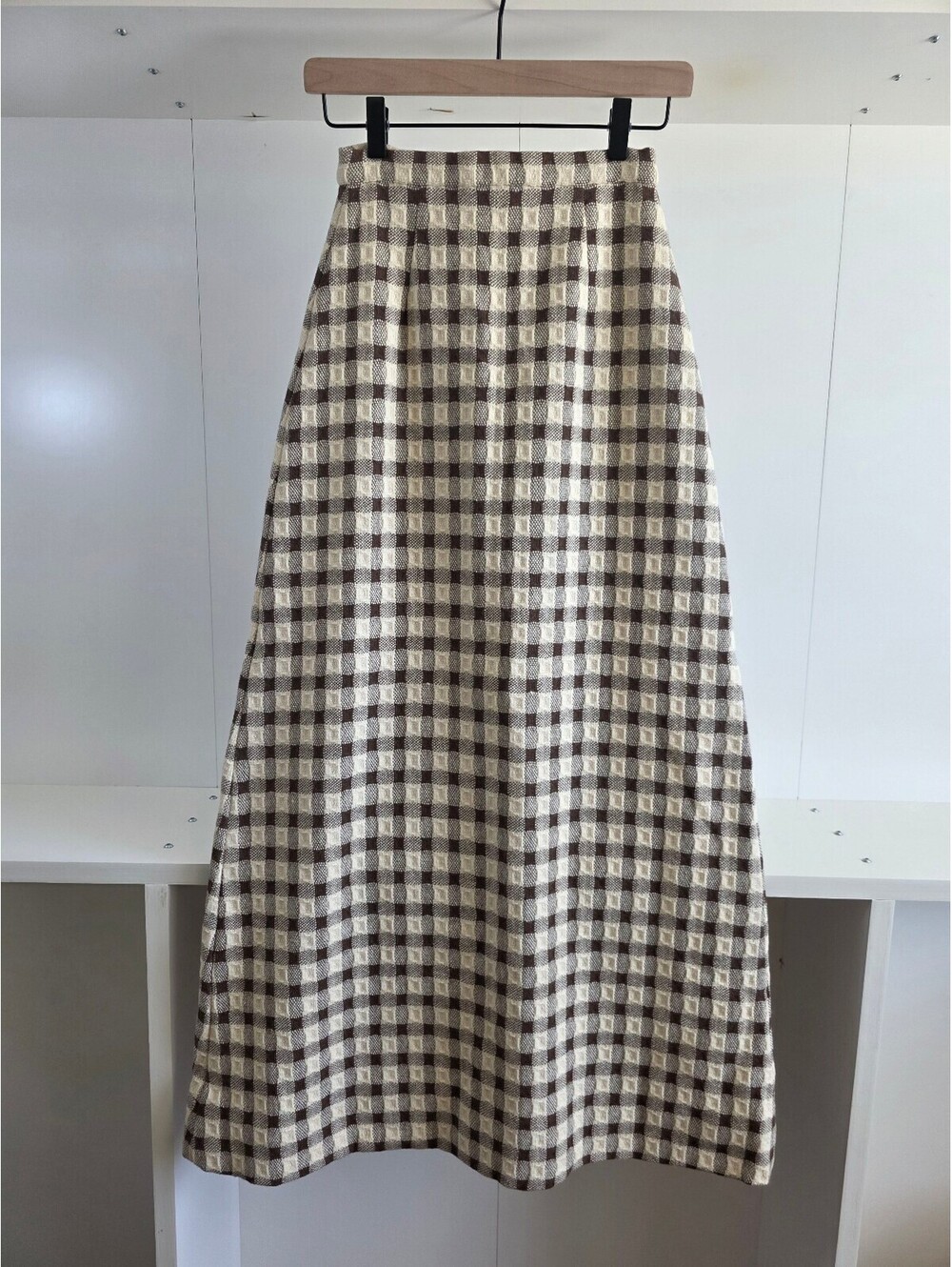 Handmade Vintage Brown and Cream Checkered Wool Midi Skirt